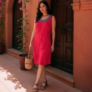 Lina Tomei Italian Linen Shift Dress - Beaded Neck Resort Coastal Chic - Size M